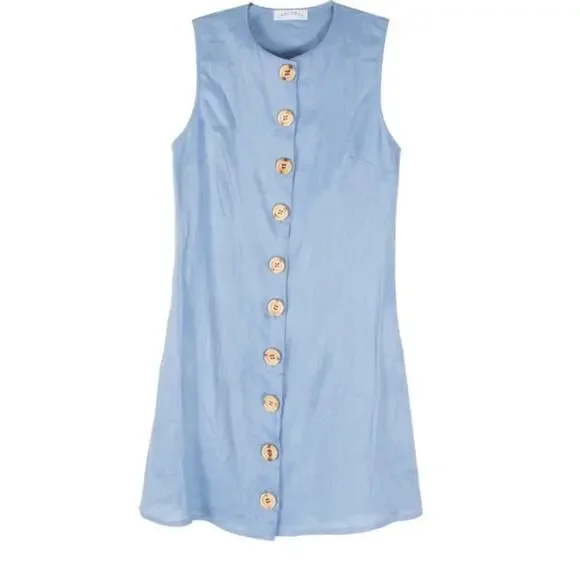 Leelanau Gingham Blue 100% Linen Button-Down Mini Dress size XS 60s cottage core - Picture 2 of 12